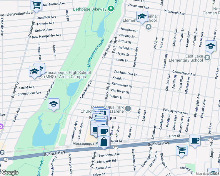 map of restaurants, bars, coffee shops, grocery stores, and more near 101 Van Buren Street in Massapequa Park