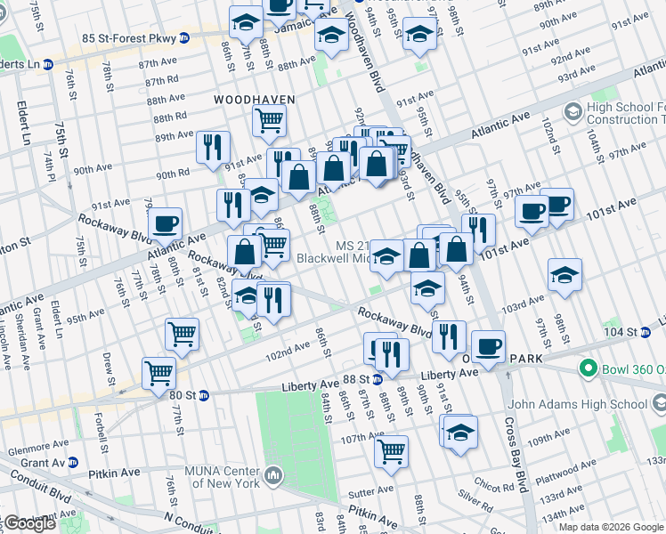 map of restaurants, bars, coffee shops, grocery stores, and more near 88-07 97th Avenue in Queens