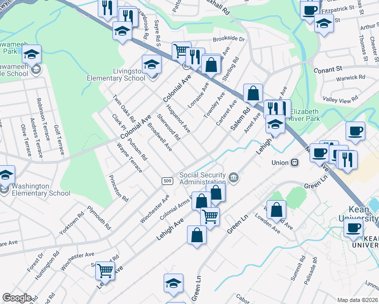 map of restaurants, bars, coffee shops, grocery stores, and more near 328 Huguenot Avenue in Union