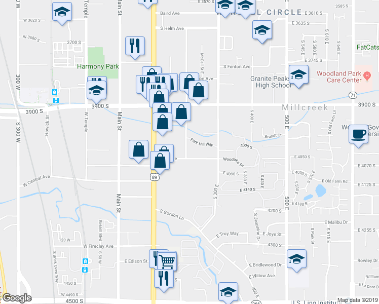 map of restaurants, bars, coffee shops, grocery stores, and more near 233 East 4050 South in Murray