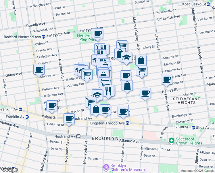 map of restaurants, bars, coffee shops, grocery stores, and more near 430 Putnam Avenue in Brooklyn
