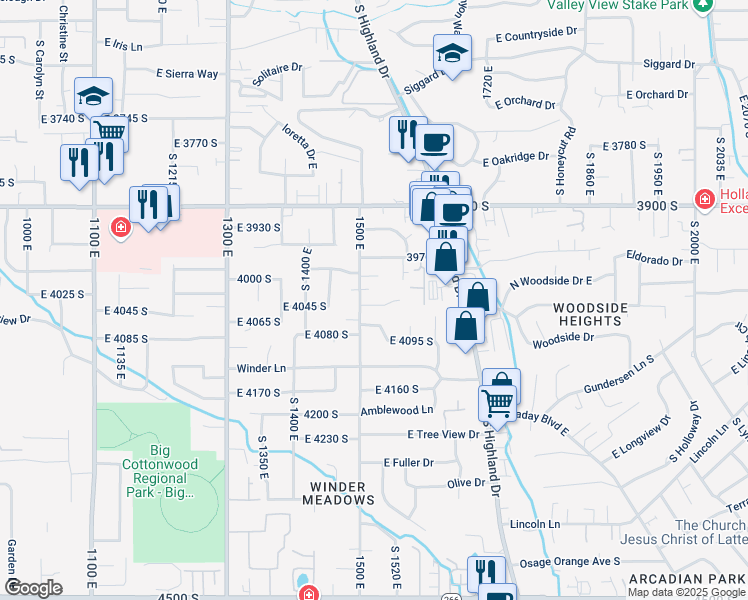 map of restaurants, bars, coffee shops, grocery stores, and more near 1525 East Claridge Drive in Millcreek