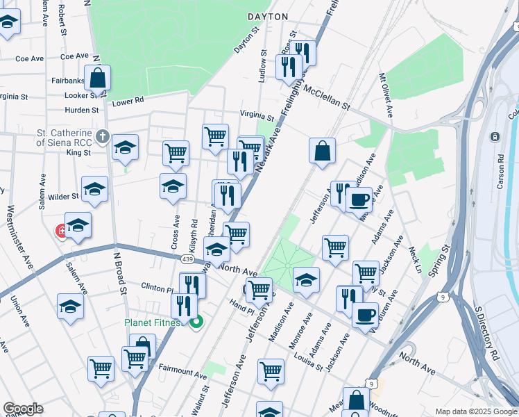 map of restaurants, bars, coffee shops, grocery stores, and more near PT 827/961 Newark Avenue in Elizabeth