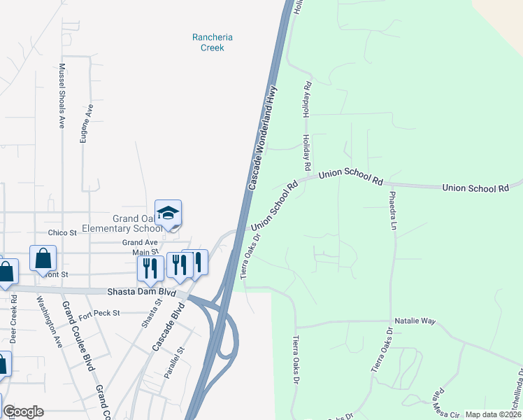 map of restaurants, bars, coffee shops, grocery stores, and more near 19254 Union School Road in Redding