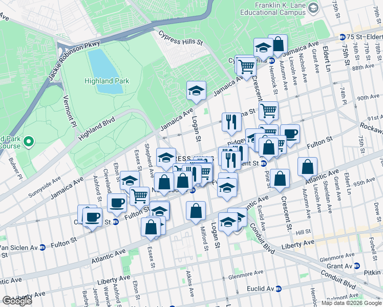 map of restaurants, bars, coffee shops, grocery stores, and more near 67 Norwood Avenue in Brooklyn