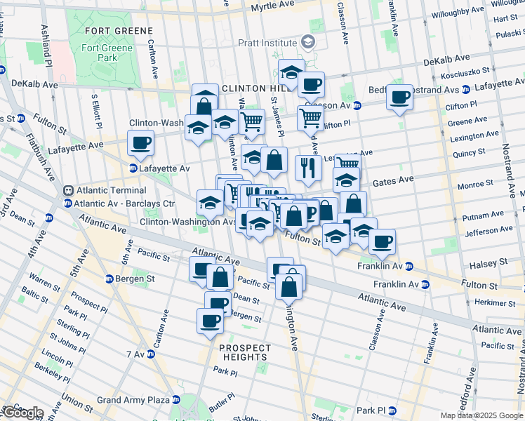 map of restaurants, bars, coffee shops, grocery stores, and more near 467 Waverly Avenue in Brooklyn