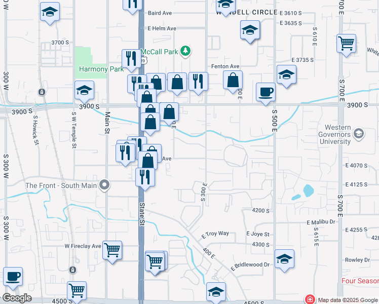 map of restaurants, bars, coffee shops, grocery stores, and more near 272 Park Hill Way in Millcreek