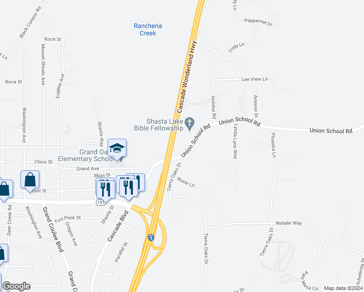 map of restaurants, bars, coffee shops, grocery stores, and more near 19254 Union School Road in Redding