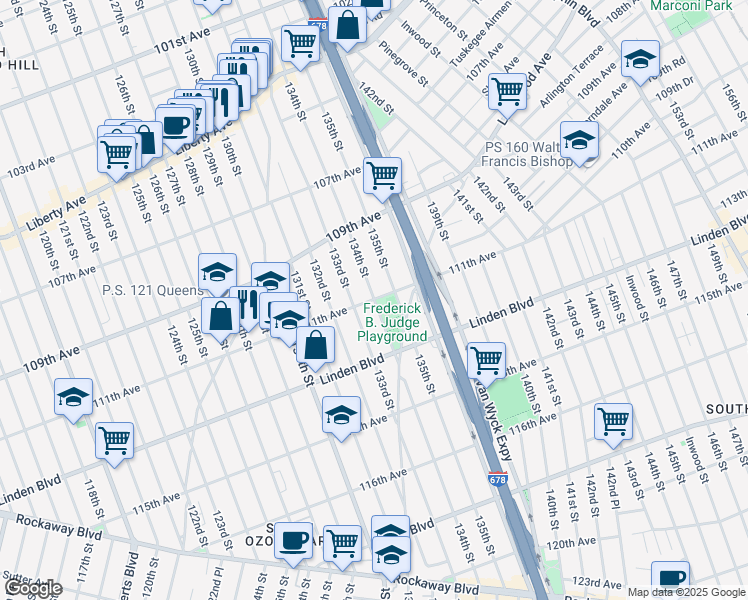 map of restaurants, bars, coffee shops, grocery stores, and more near 134th Street in Queens