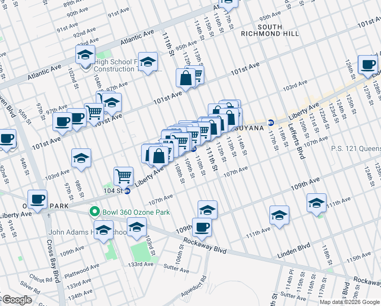 map of restaurants, bars, coffee shops, grocery stores, and more near in Queens