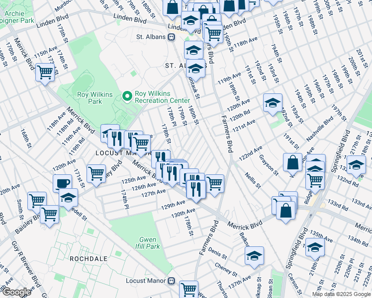 map of restaurants, bars, coffee shops, grocery stores, and more near 178-52 Leslie Road in Queens