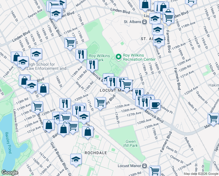 map of restaurants, bars, coffee shops, grocery stores, and more near 119-56 Merrick Boulevard in Queens