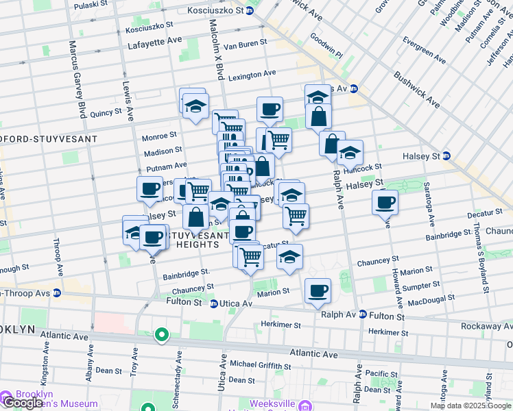 map of restaurants, bars, coffee shops, grocery stores, and more near 668 Hancock Street in Brooklyn