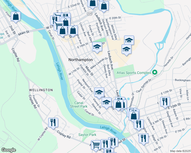 map of restaurants, bars, coffee shops, grocery stores, and more near 1543 Main Street in Northampton