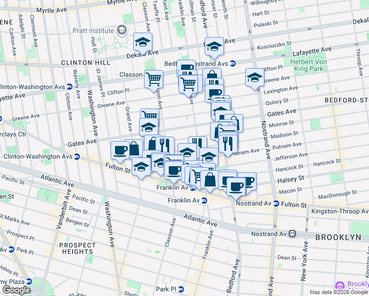 map of restaurants, bars, coffee shops, grocery stores, and more near 44 Monroe Street in Brooklyn