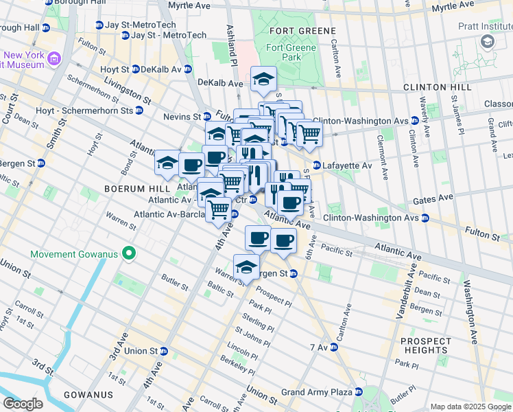 map of restaurants, bars, coffee shops, grocery stores, and more near Atlantic Ave & Flatbush Ave in Brooklyn
