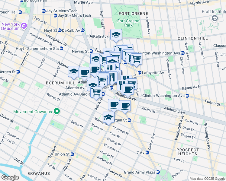 map of restaurants, bars, coffee shops, grocery stores, and more near Atlantic Ave & Flatbush Ave in Brooklyn