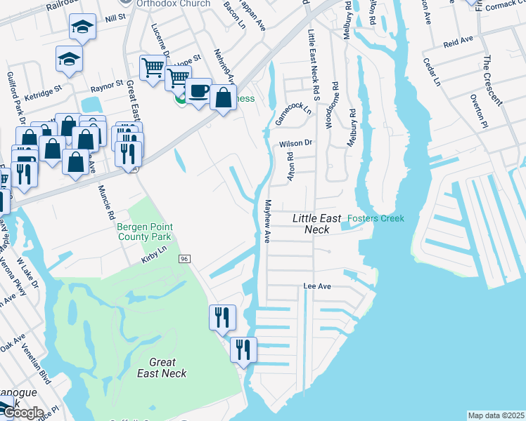 map of restaurants, bars, coffee shops, grocery stores, and more near 76 Mayhew Avenue in Babylon