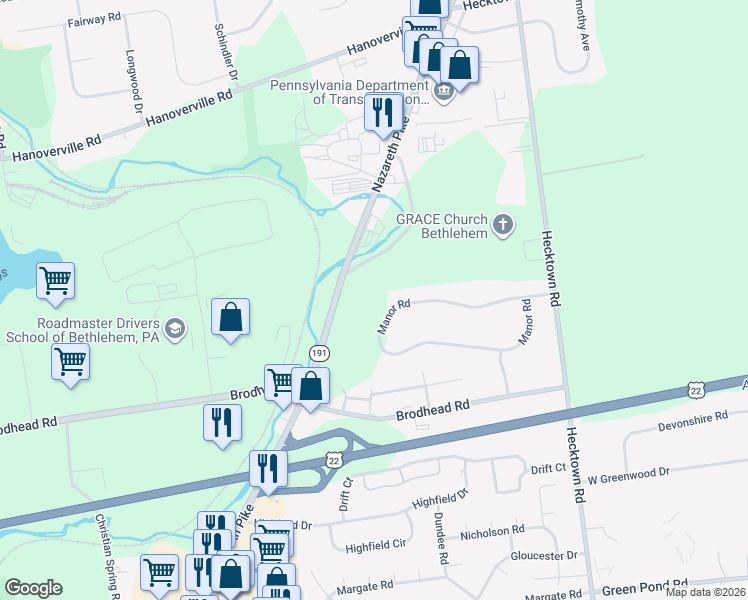 map of restaurants, bars, coffee shops, grocery stores, and more near 3605 Manor Road in Bethlehem
