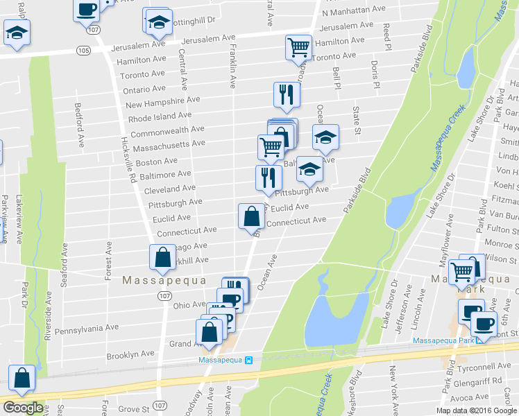 map of restaurants, bars, coffee shops, grocery stores, and more near 597 Broadway in Massapequa