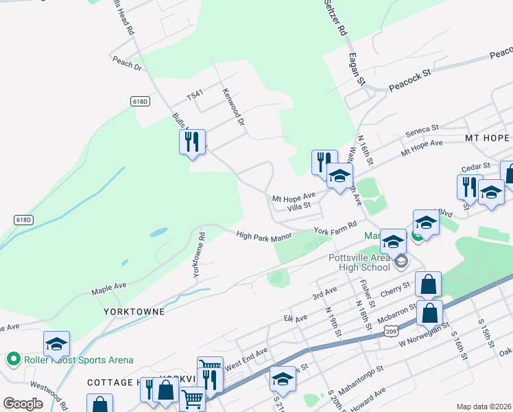 map of restaurants, bars, coffee shops, grocery stores, and more near 31 Deer Park Drive in Pottsville