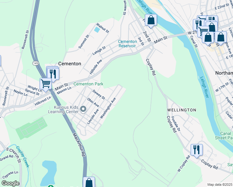 map of restaurants, bars, coffee shops, grocery stores, and more near 5020 Washington Avenue in Lehigh County