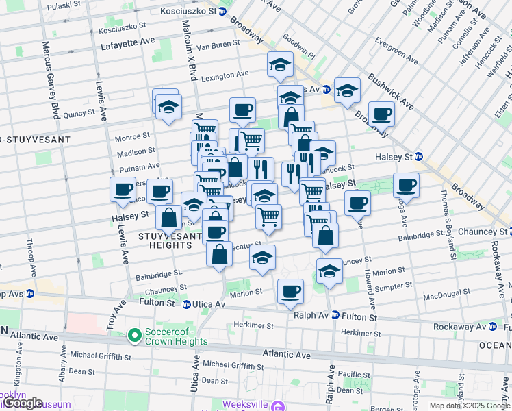 map of restaurants, bars, coffee shops, grocery stores, and more near 202 Patchen Avenue in Brooklyn