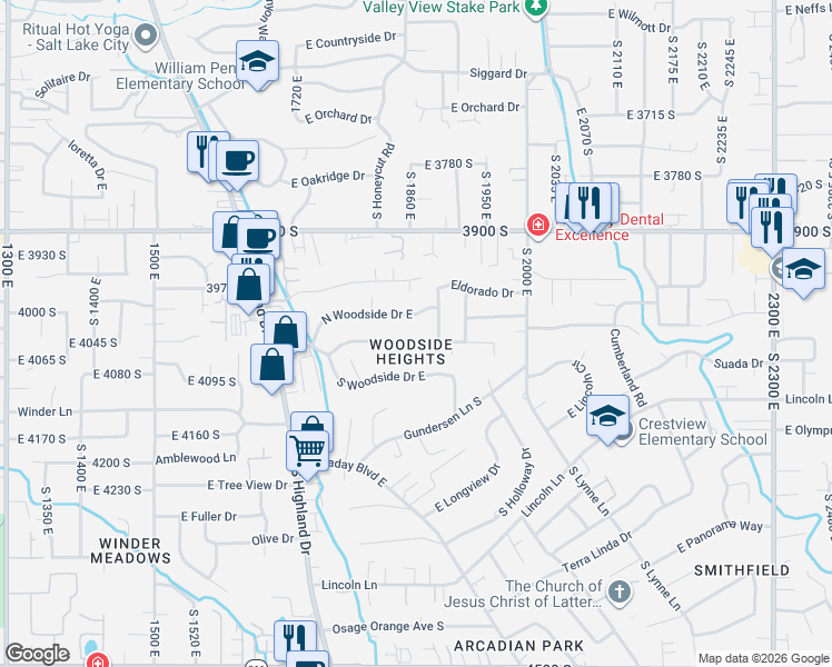 map of restaurants, bars, coffee shops, grocery stores, and more near 1861 East Severn Drive in Holladay