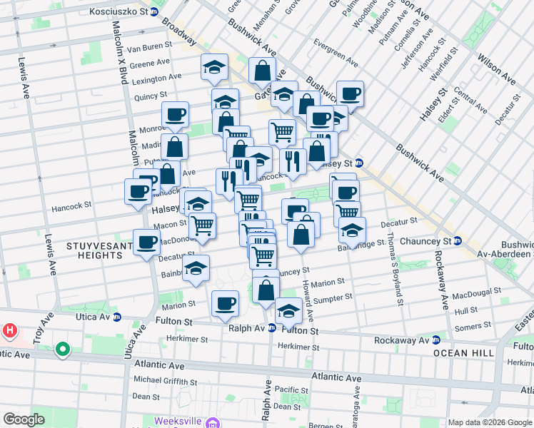 map of restaurants, bars, coffee shops, grocery stores, and more near 718 Macon Street in Brooklyn