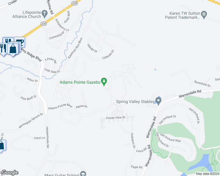 map of restaurants, bars, coffee shops, grocery stores, and more near 205 Adams Pointe Boulevard in Mars
