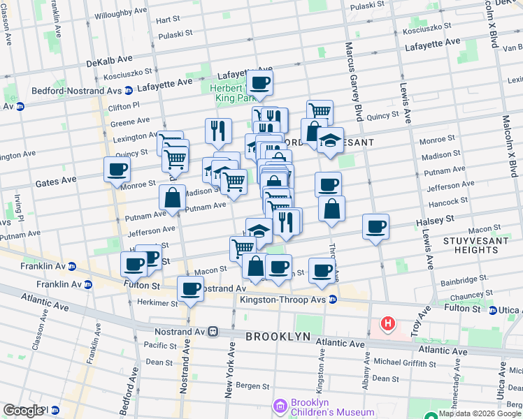 map of restaurants, bars, coffee shops, grocery stores, and more near 392 Putnam Avenue in Brooklyn