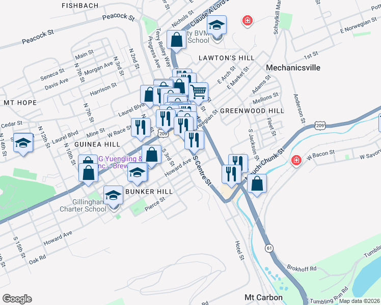 map of restaurants, bars, coffee shops, grocery stores, and more near 100 South Centre Street in Pottsville