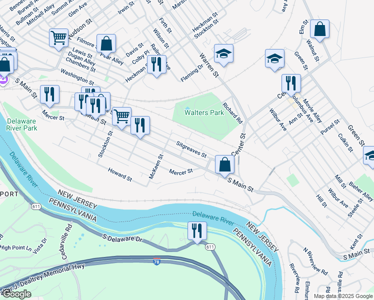 map of restaurants, bars, coffee shops, grocery stores, and more near 266 Sitgreaves Street in Phillipsburg