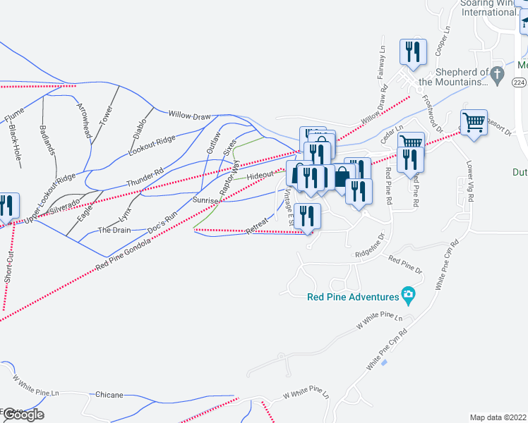 map of restaurants, bars, coffee shops, grocery stores, and more near 2750 West High Mountain Road in Park City