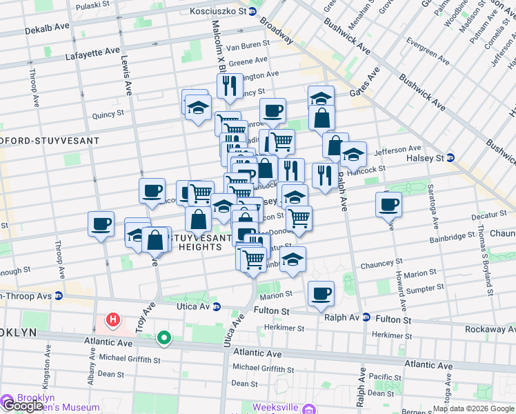 map of restaurants, bars, coffee shops, grocery stores, and more near 640 Halsey Street in Brooklyn