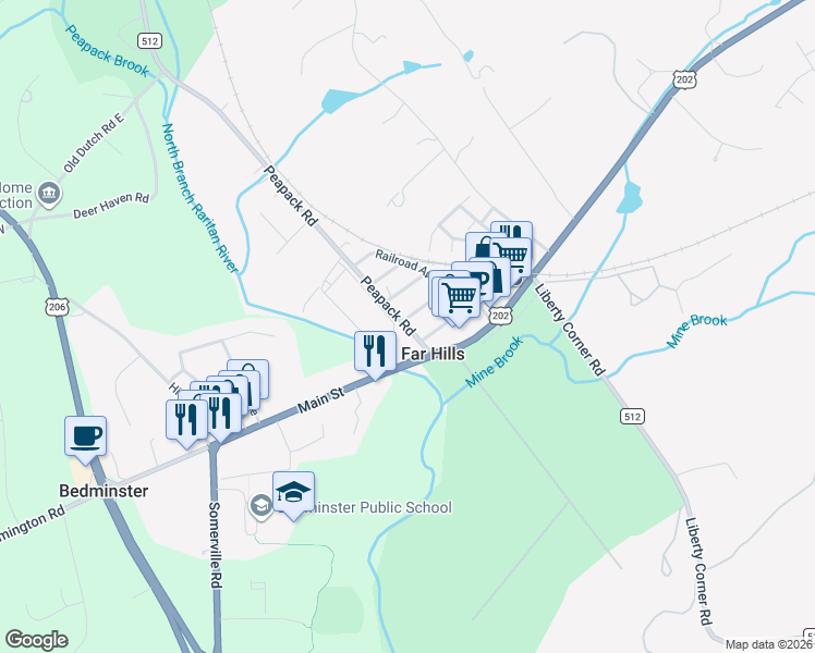 map of restaurants, bars, coffee shops, grocery stores, and more near 16 Peapack Road in Far Hills