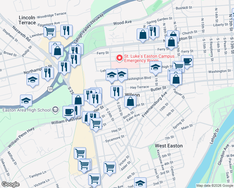 map of restaurants, bars, coffee shops, grocery stores, and more near 424 Warrior Lane in Easton
