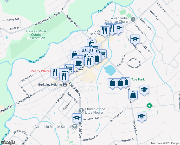 map of restaurants, bars, coffee shops, grocery stores, and more near 430 Springfield Avenue in Berkeley Heights