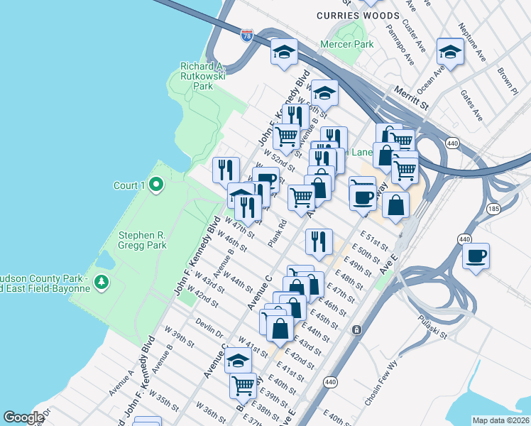 map of restaurants, bars, coffee shops, grocery stores, and more near 217 Avenue B in Bayonne