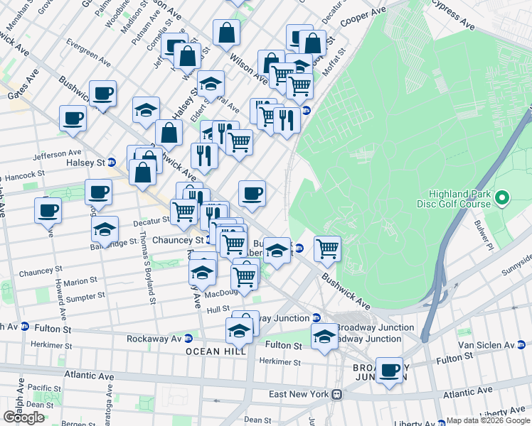 map of restaurants, bars, coffee shops, grocery stores, and more near 94 Pilling Street in Brooklyn