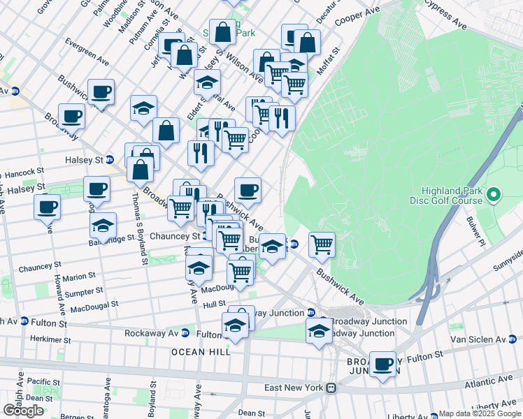 map of restaurants, bars, coffee shops, grocery stores, and more near 94 Pilling Street in Brooklyn