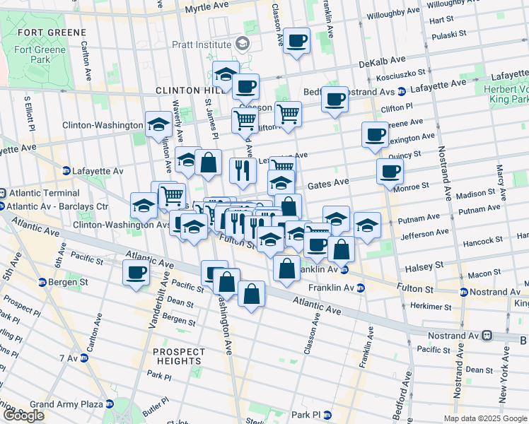 map of restaurants, bars, coffee shops, grocery stores, and more near 377 Grand Avenue in Brooklyn