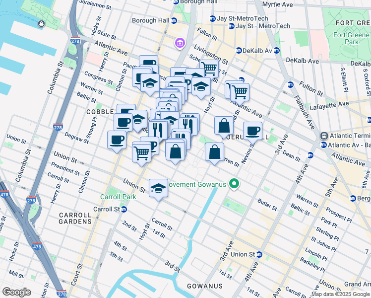 map of restaurants, bars, coffee shops, grocery stores, and more near 206 Hoyt Street in Brooklyn