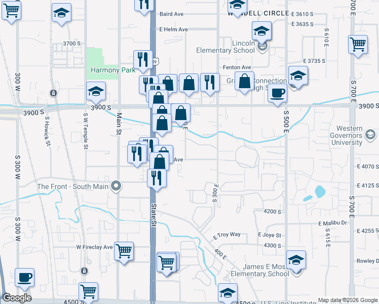 map of restaurants, bars, coffee shops, grocery stores, and more near 212 Park Hill Way in Millcreek