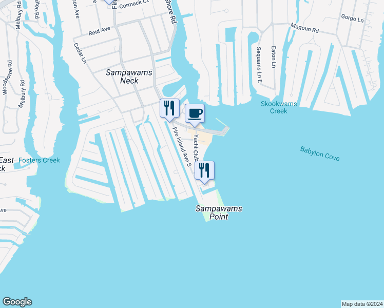 map of restaurants, bars, coffee shops, grocery stores, and more near 32 Yacht Club Road in Babylon
