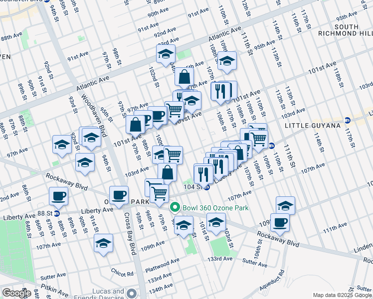 map of restaurants, bars, coffee shops, grocery stores, and more near 101-59 103rd Street in Queens