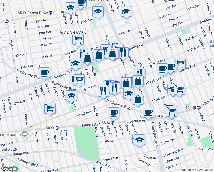 map of restaurants, bars, coffee shops, grocery stores, and more near 89-18 97th Avenue in Queens