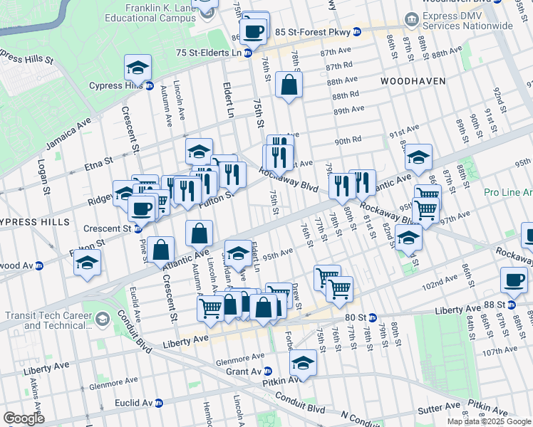 map of restaurants, bars, coffee shops, grocery stores, and more near 74-13 93rd Avenue in Queens
