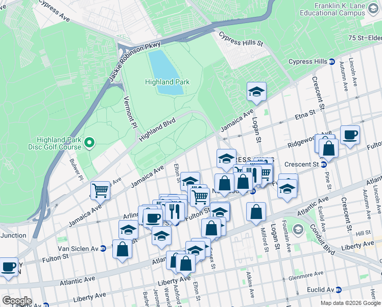 map of restaurants, bars, coffee shops, grocery stores, and more near 524 Jamaica Avenue in Brooklyn