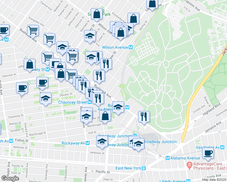 map of restaurants, bars, coffee shops, grocery stores, and more near 94 Pilling Street in Brooklyn
